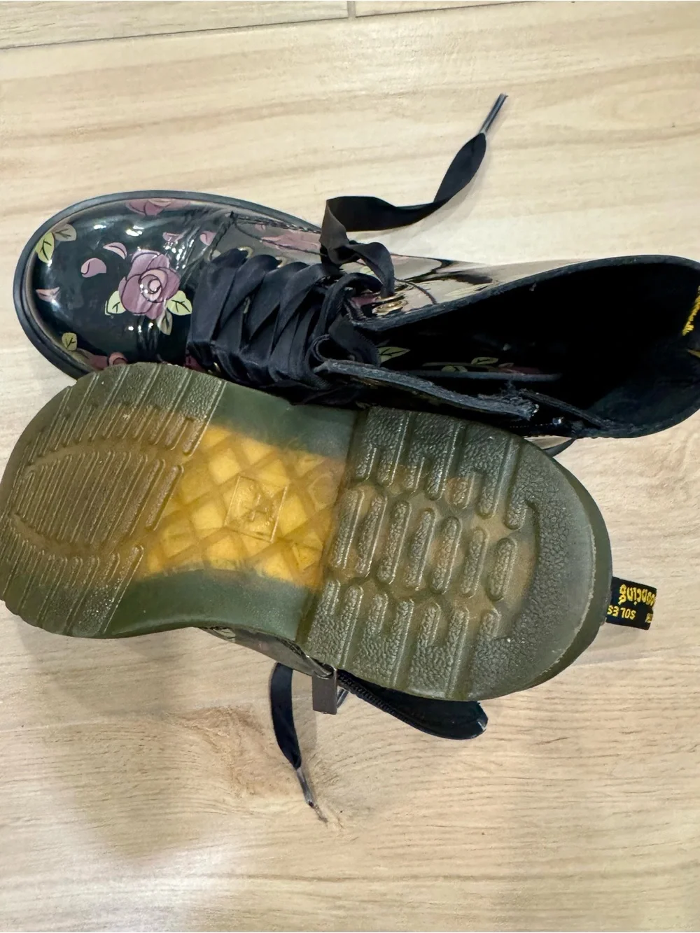 Dr. Martens Black Patent Lace-Up Boots with Pink Rose Print